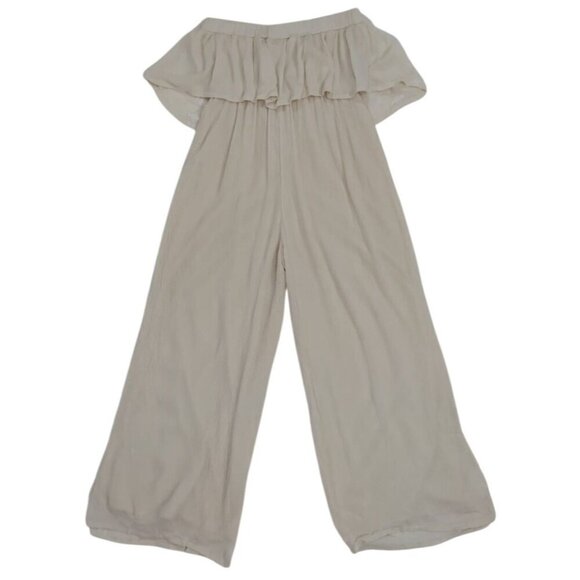 Women's beige offthe-shoulder ruffle jumpsuit with embroidered detail, wide leg - Picture 2 of 7
